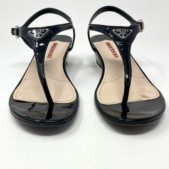Prada Thong Wedge Sandals Triangle Logo Leather T-Strap Slingback Black EU 37.5 - Picture 4 of 13
